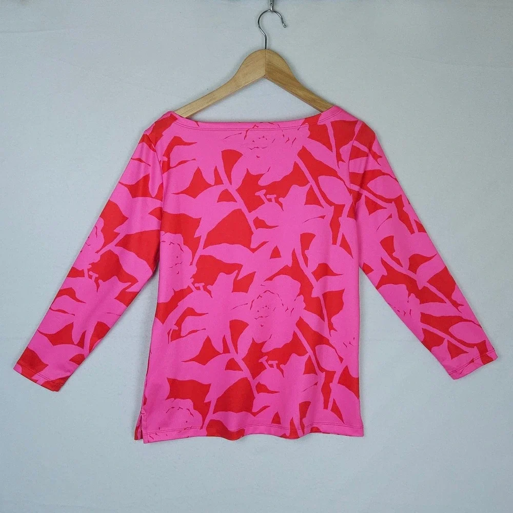 Vineyard Vines Rash Guard Swim Shirt Womens Small Pink Red‎ Floral Boatneck Sun